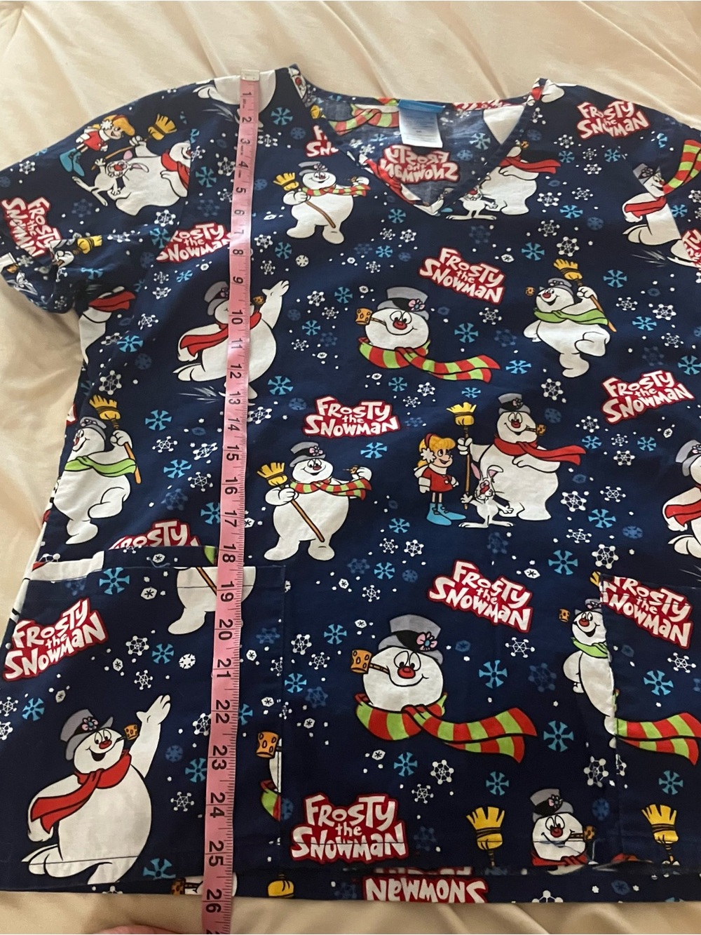 Frosty the Snowman V-Neck Medical Scrub Top Size M Navy Blue Christmas Holiday - Picture 10 of 16